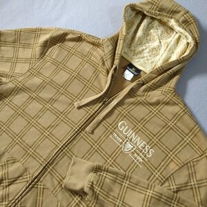 Guinness Plaid Full Zip Hoodie Sweatshirt Mens XL Tan Green Flaw